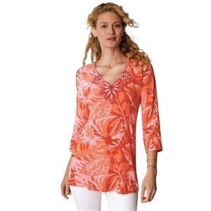 SOFT SURROUNDINGS Tropical Leaves Beaded Del Rio Tunic Blouse in Orange Size Med